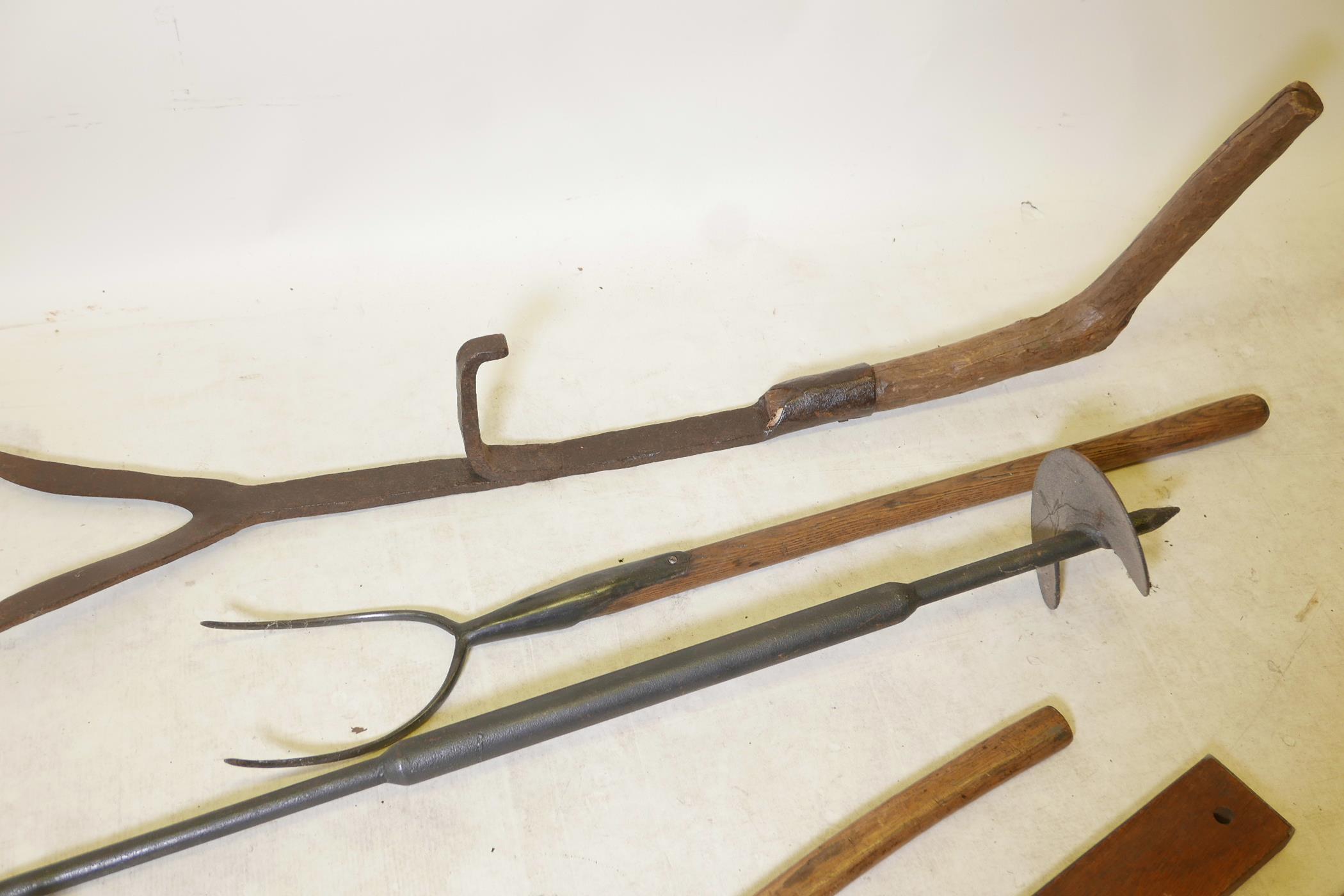 A collection of vintage gardener's tools including a pitchfork auger and brades, British Rail - Image 3 of 4