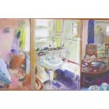 RBN (contemporary British), a triptych of domestic scenes, bedroom, bathroom and lounge, all three