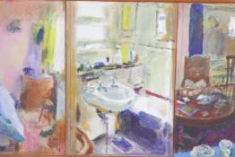 RBN (contemporary British), a triptych of domestic scenes, bedroom, bathroom and lounge, all three