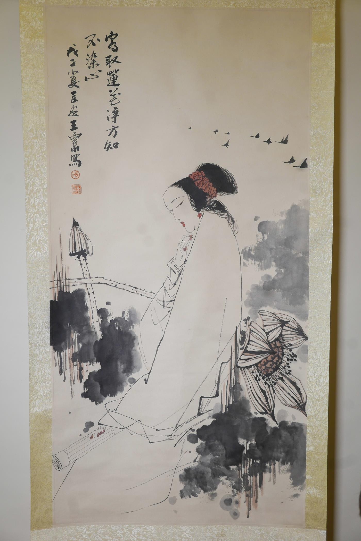 A Chinese watercolour scroll decorated with a stylised lady with flowers in her hair, 27" x 53"