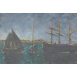 Maritime scene with boats at anchor, monogrammed B.P., housed in a good swept gilt frame, oil on