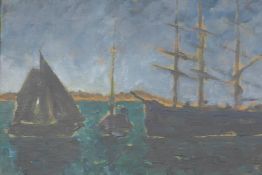 Maritime scene with boats at anchor, monogrammed B.P., housed in a good swept gilt frame, oil on