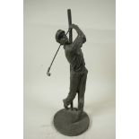 A bronzed metal table lamp base in the form of a golfer teeing off, 13" high