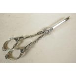 A pair of ornate silver plated grape scissors, 7" long