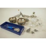 A collection of small silver plate and glass trinkets including a pair of table salts, Swarovski