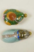 A Chinese polychrome porcelain snuff bottle in the form of a cicada, and another similar in the form