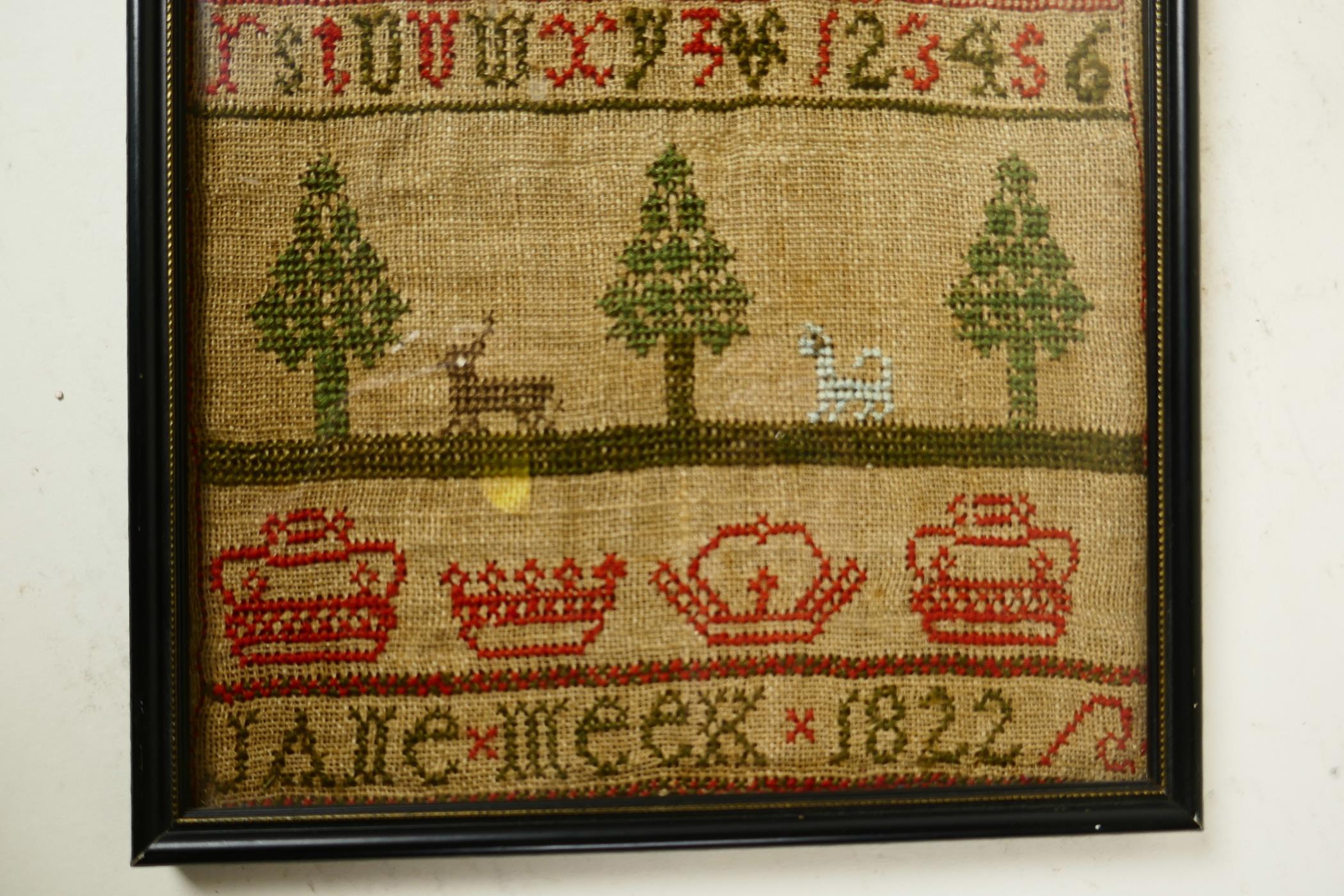 An early C19th hand stitched sampler in cross stitch by 'Jane Meek - 1822' (sister of Janet Meek), - Image 3 of 7