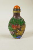 A Chinese Peking glass snuff bottle with raised and enamelled decoration of butterflies, gourds,