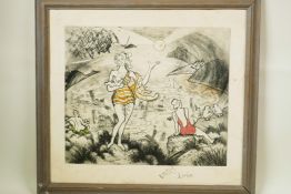 A limited edition colour print, 'woman and children by the sea', signed Mike Tingle, no 37/75,