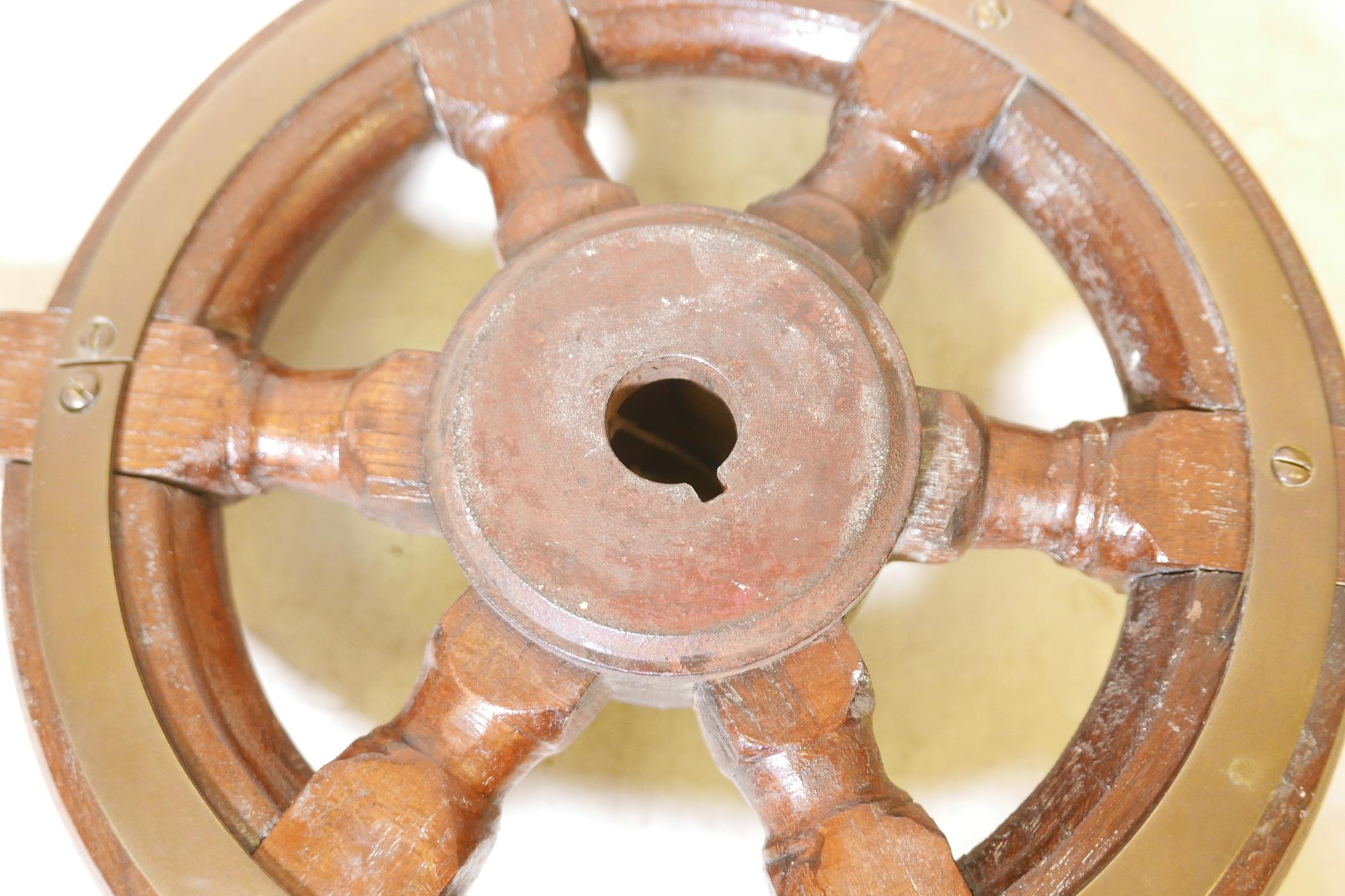 A teak ship's wheel with brass mounts and boss, 16" diameter - Image 2 of 2