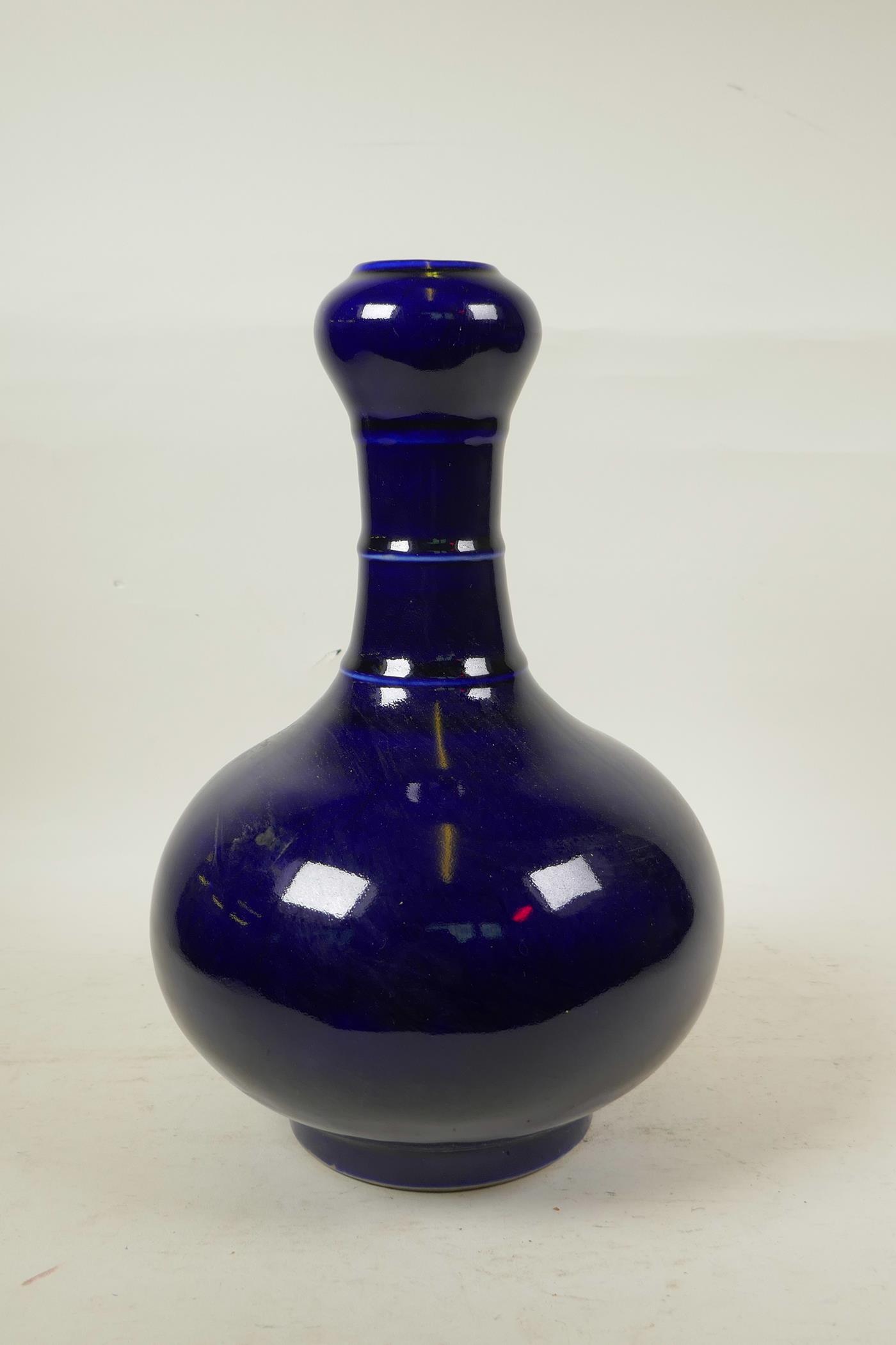 A Chinese powder blue glazed pottery garlic head shaped vase, 13" high - Image 3 of 4