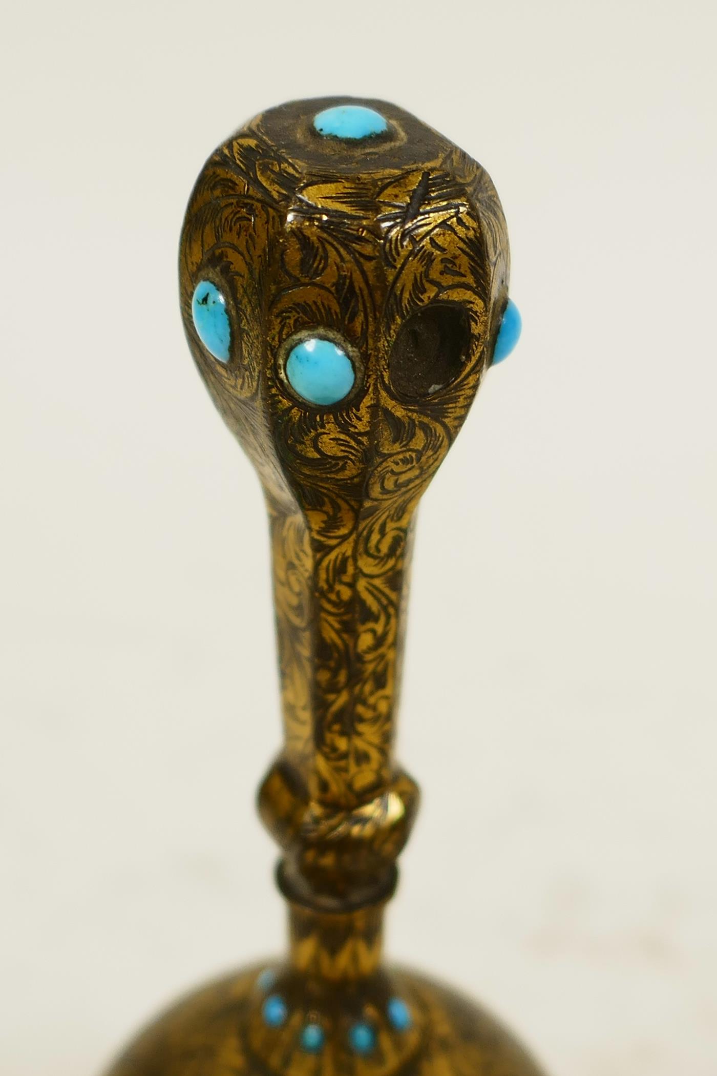 A small Oriental brass table bell with engraved floral decoration and inset with turquoise beads, 4" - Image 2 of 3