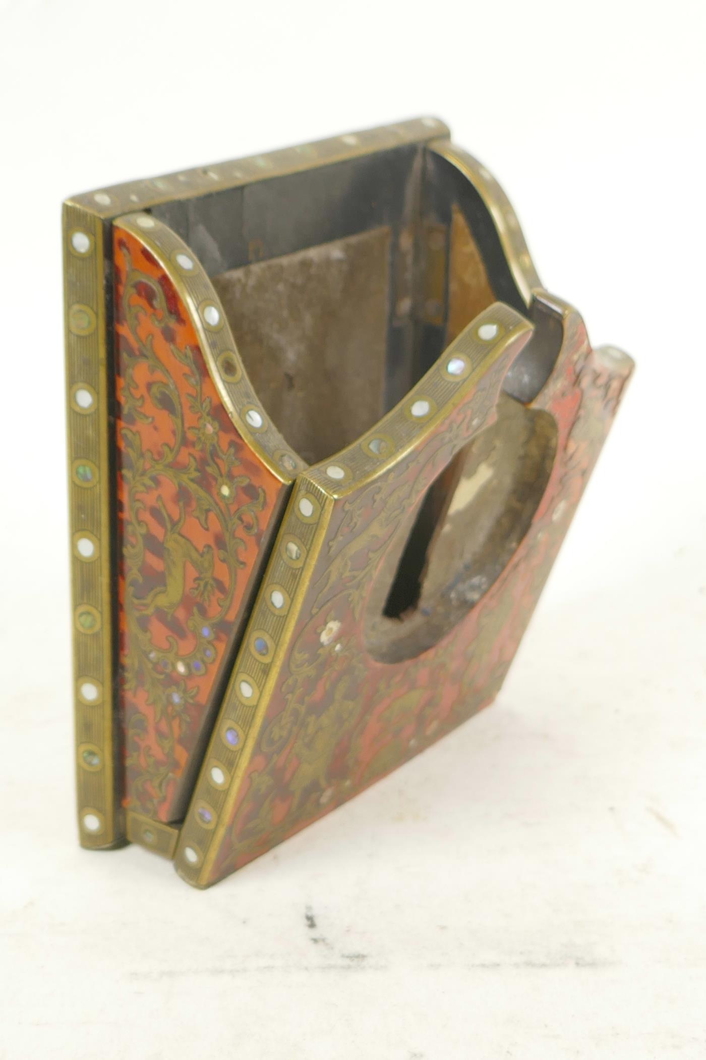 A C19th boulework folding watch holder with brass inlay of figures and animals, 5" x 4" - Image 3 of 4