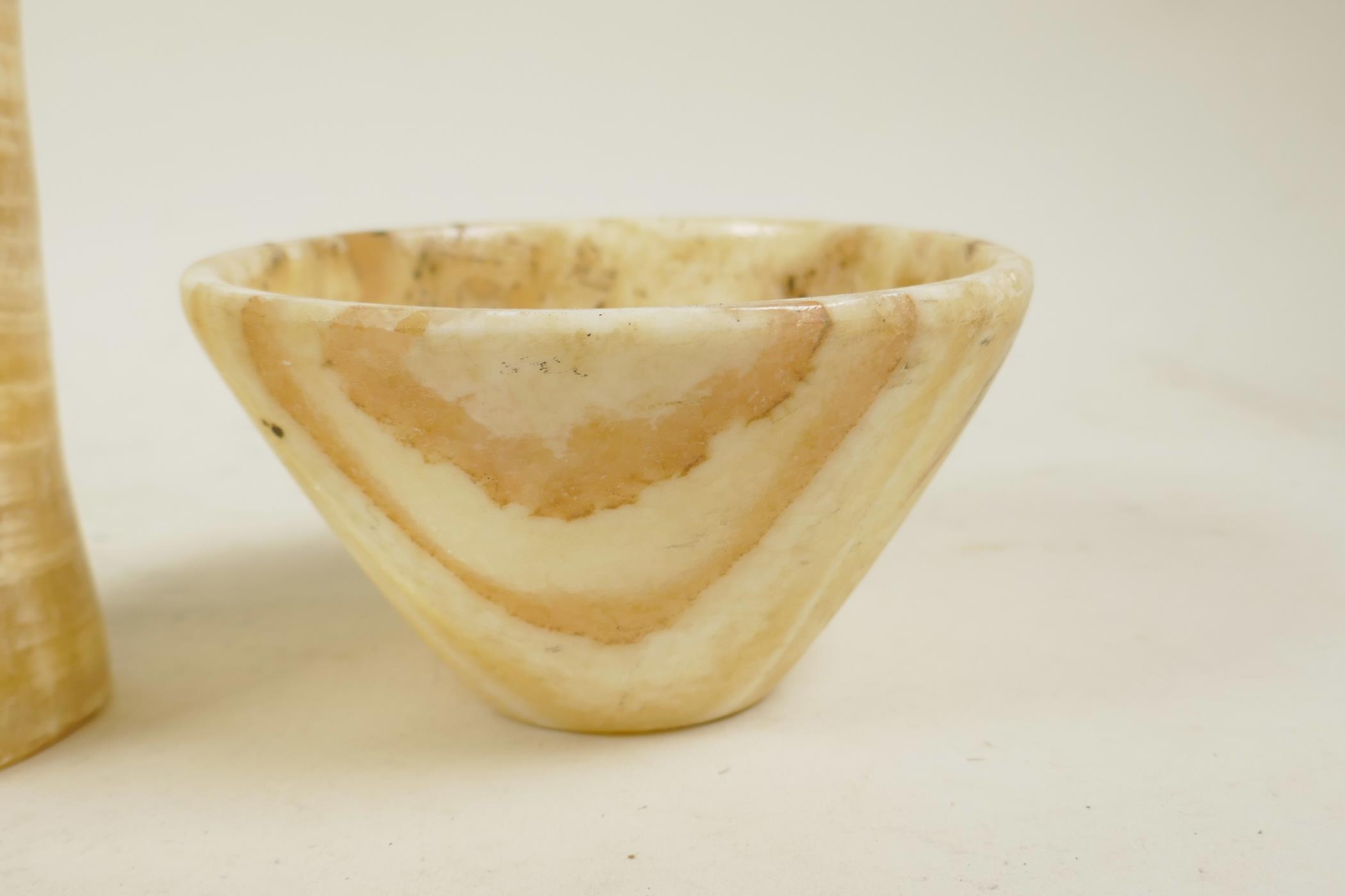 An Egyptian alabaster conical bowl and an alabaster pot, largest 4" high - Image 2 of 5