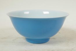 A Chinese turquoise glazed porcelain rice bowl, seal mark to base, 6" diameter