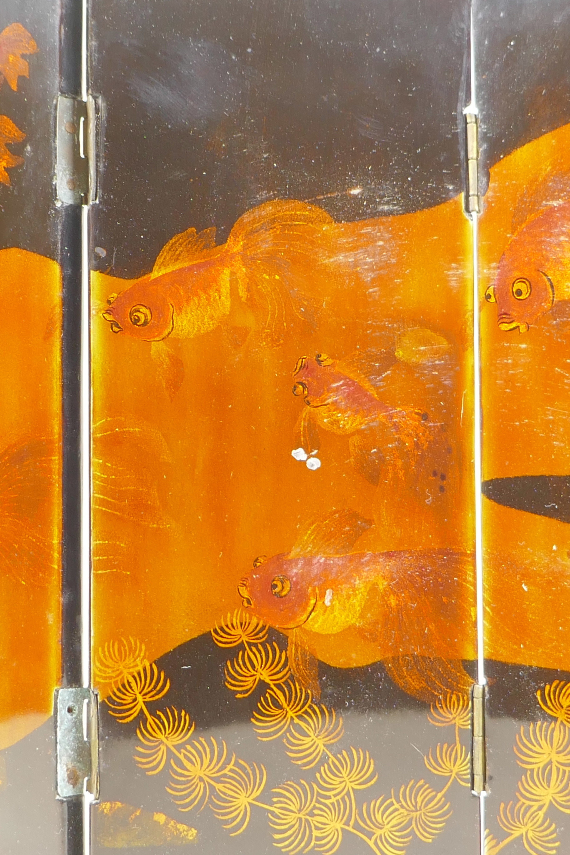 A Japanese lacquer four fold concertina table screen with goldfish decoration, each panel 3" x 8½" - Image 2 of 3