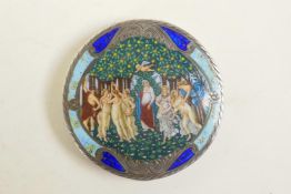 A C19th Continental silver compact, the top with hand painted enamel scene of the Primavera after