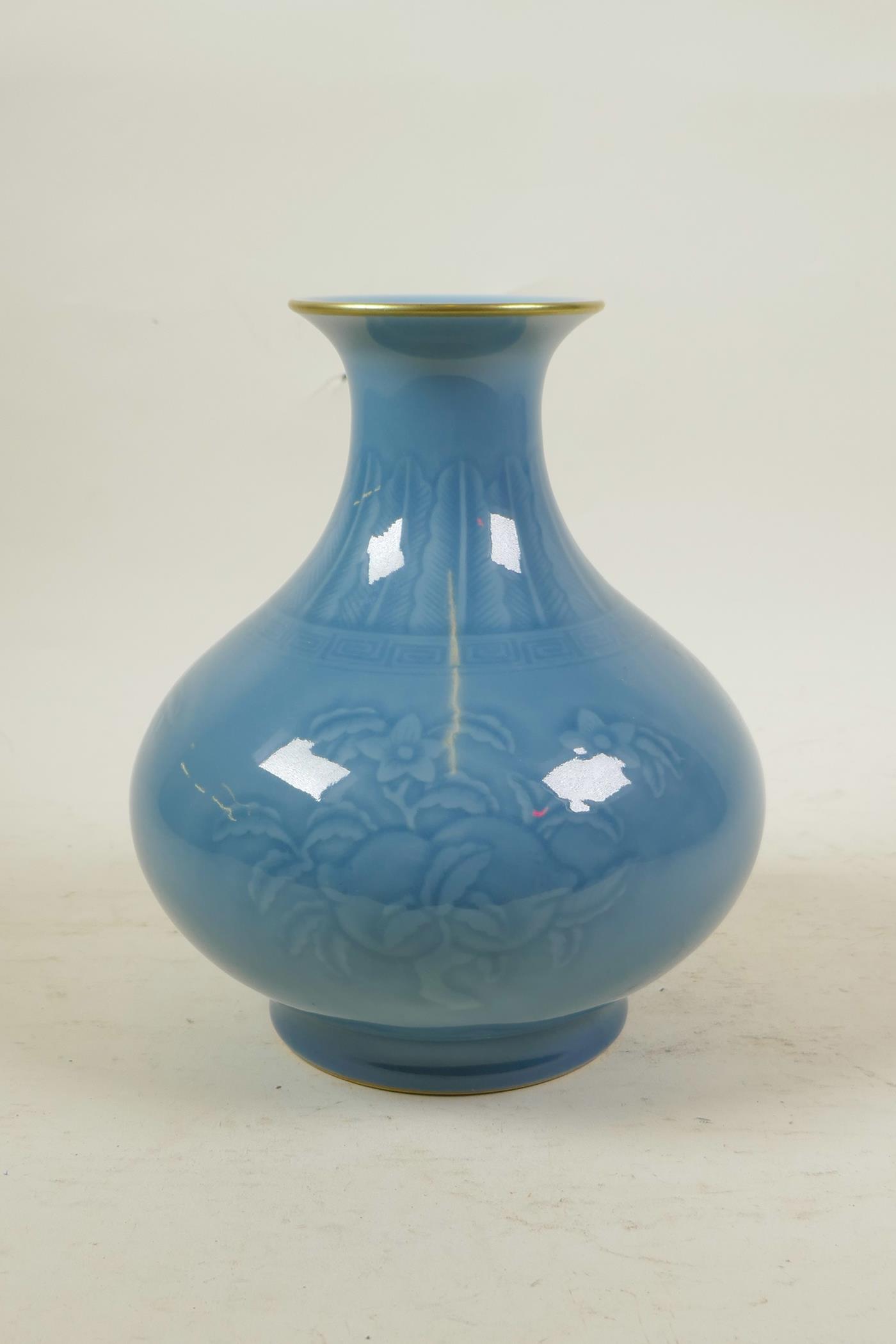 A Chinese duck egg blue glazed porcelain vase with underglaze decoration depicting branches - Image 2 of 4