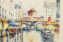 French street scene leading to the Moulin Rouge, signed, watercolour, 10½" x 9"