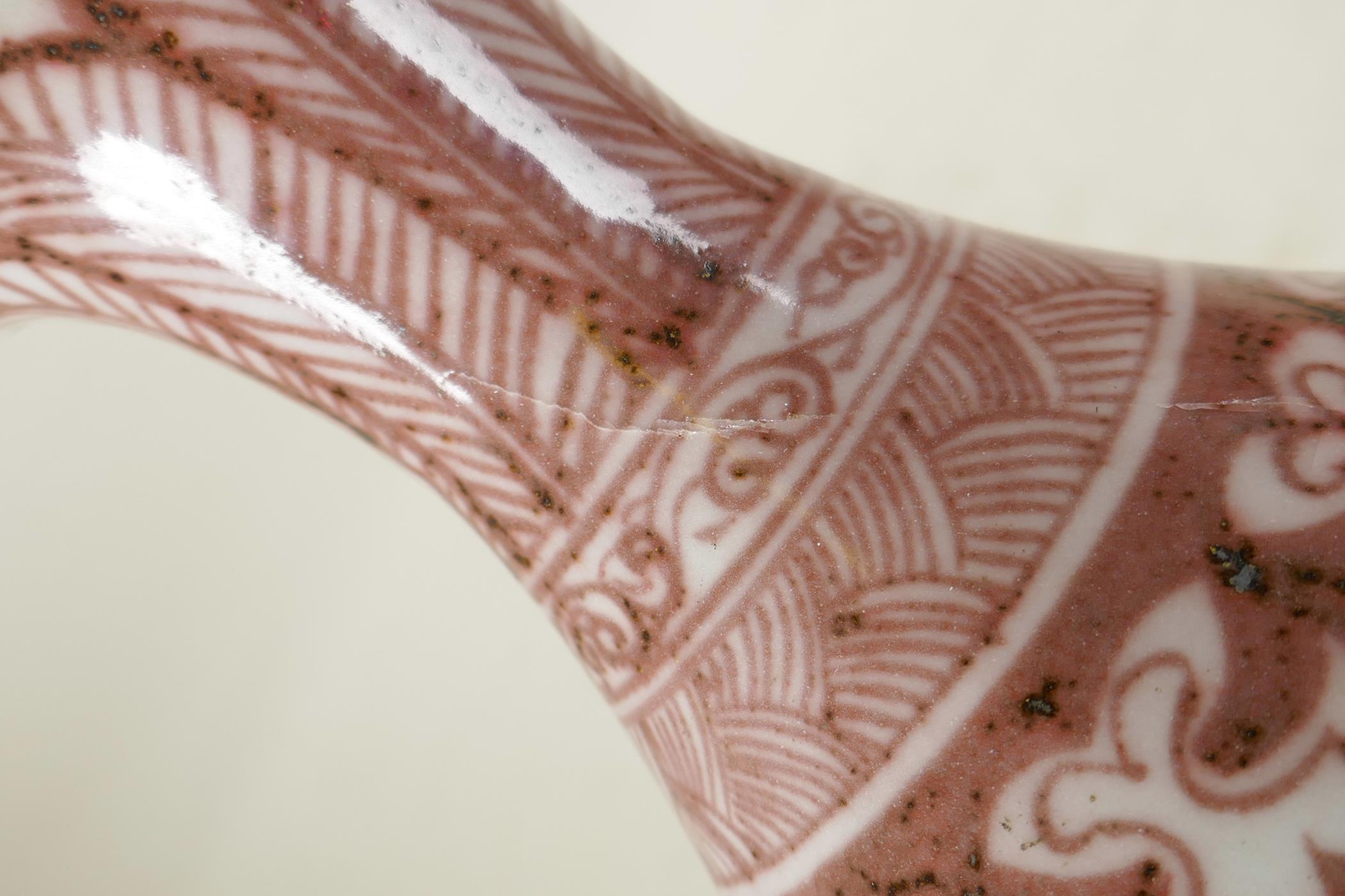 A Chinese red and white porcelain pear shaped vase, with scrolling lotus flower decoration, 12" - Image 6 of 6