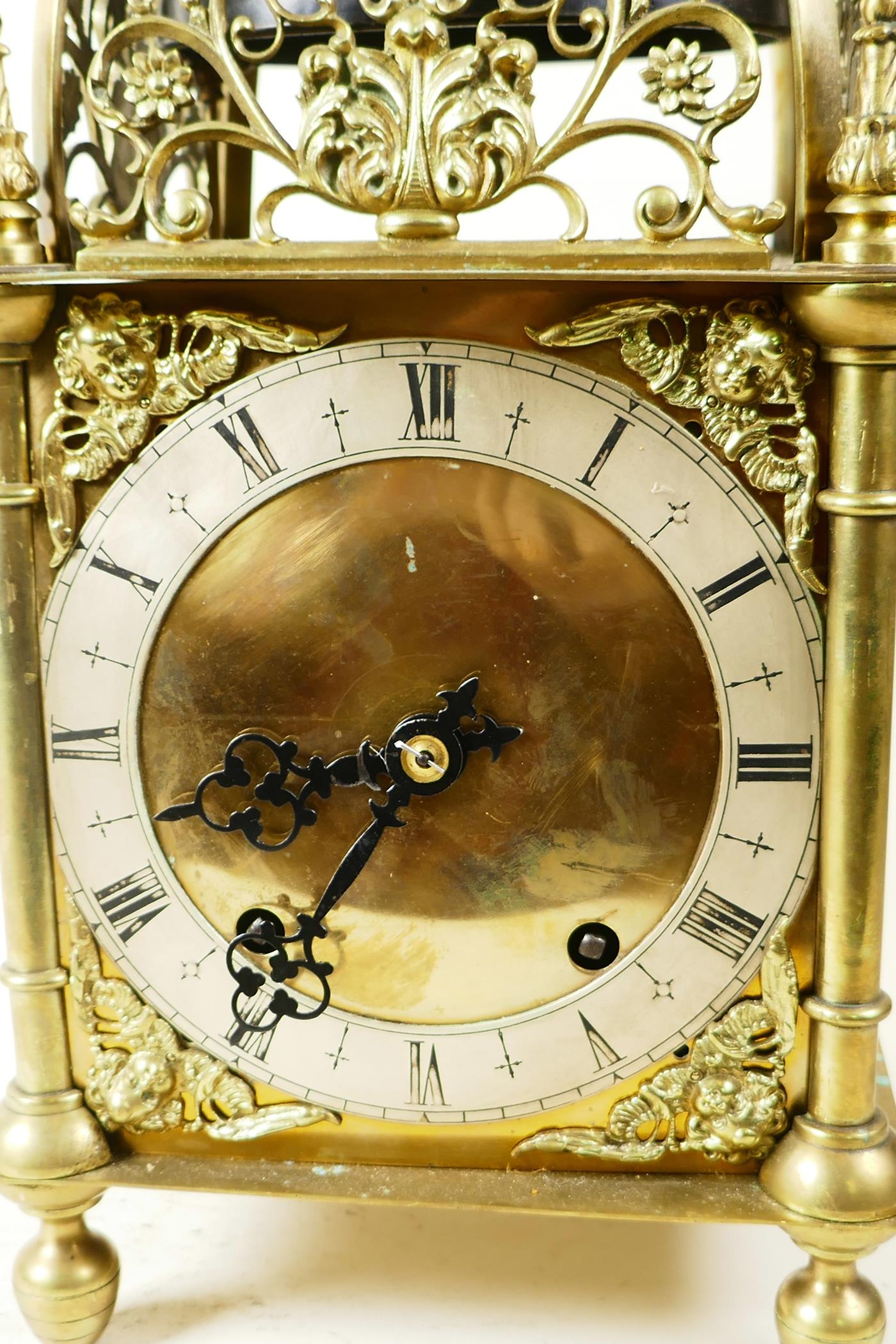 A brass cased lantern clock with two train movement striking on a gong, the case with cast - Image 2 of 7