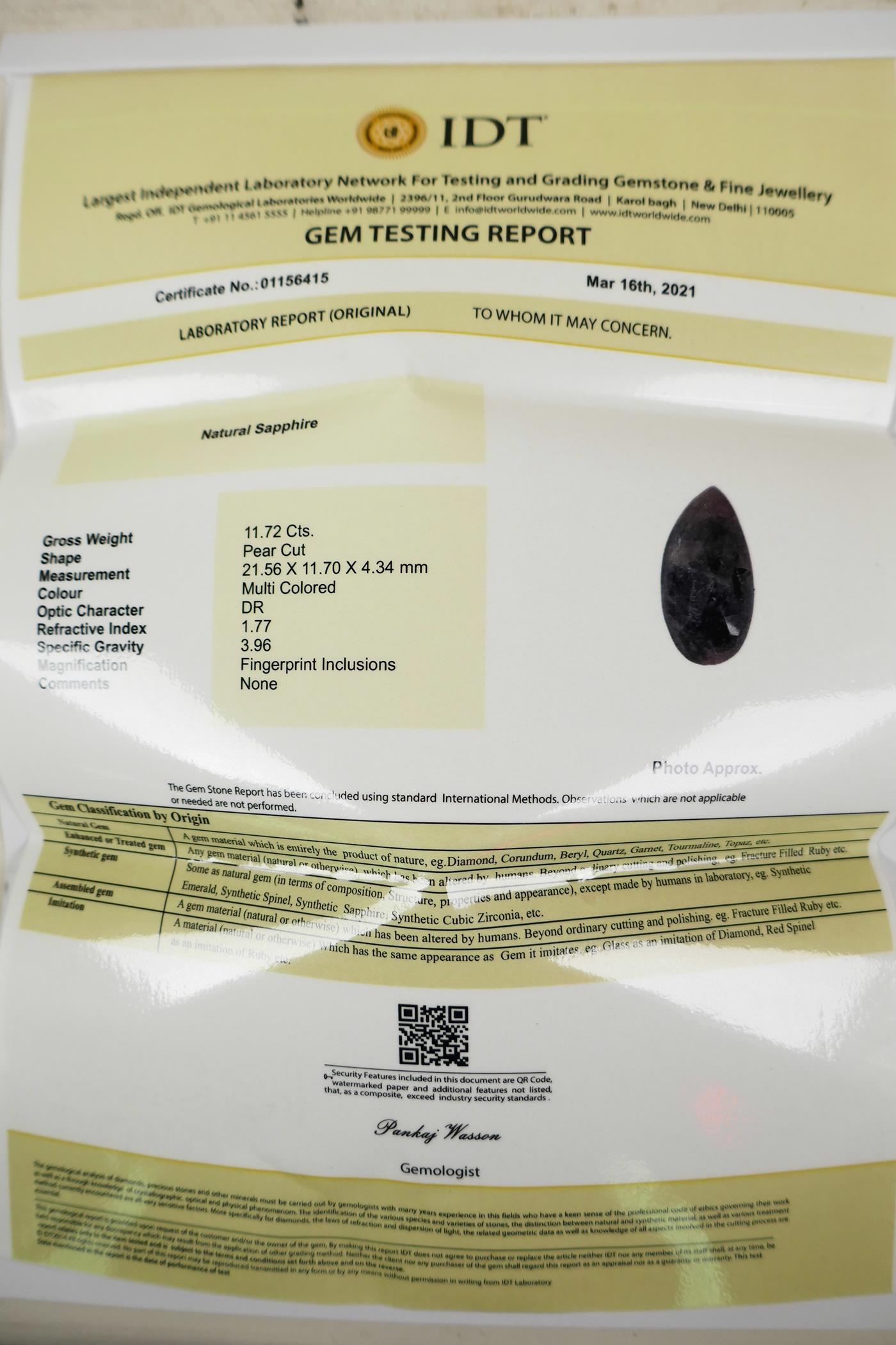 An 11.72ct natural multi-coloured sapphire, fancy pear cut, IDT certified with certificate - Image 6 of 6