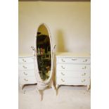 A pair of painted four drawer chests with brass handles and a cheval mirror, 31" x 18" x 32"