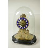 A C19th brass skeleton clock with fusee movement and blue enamel chapter ring in Roman numerals, A/