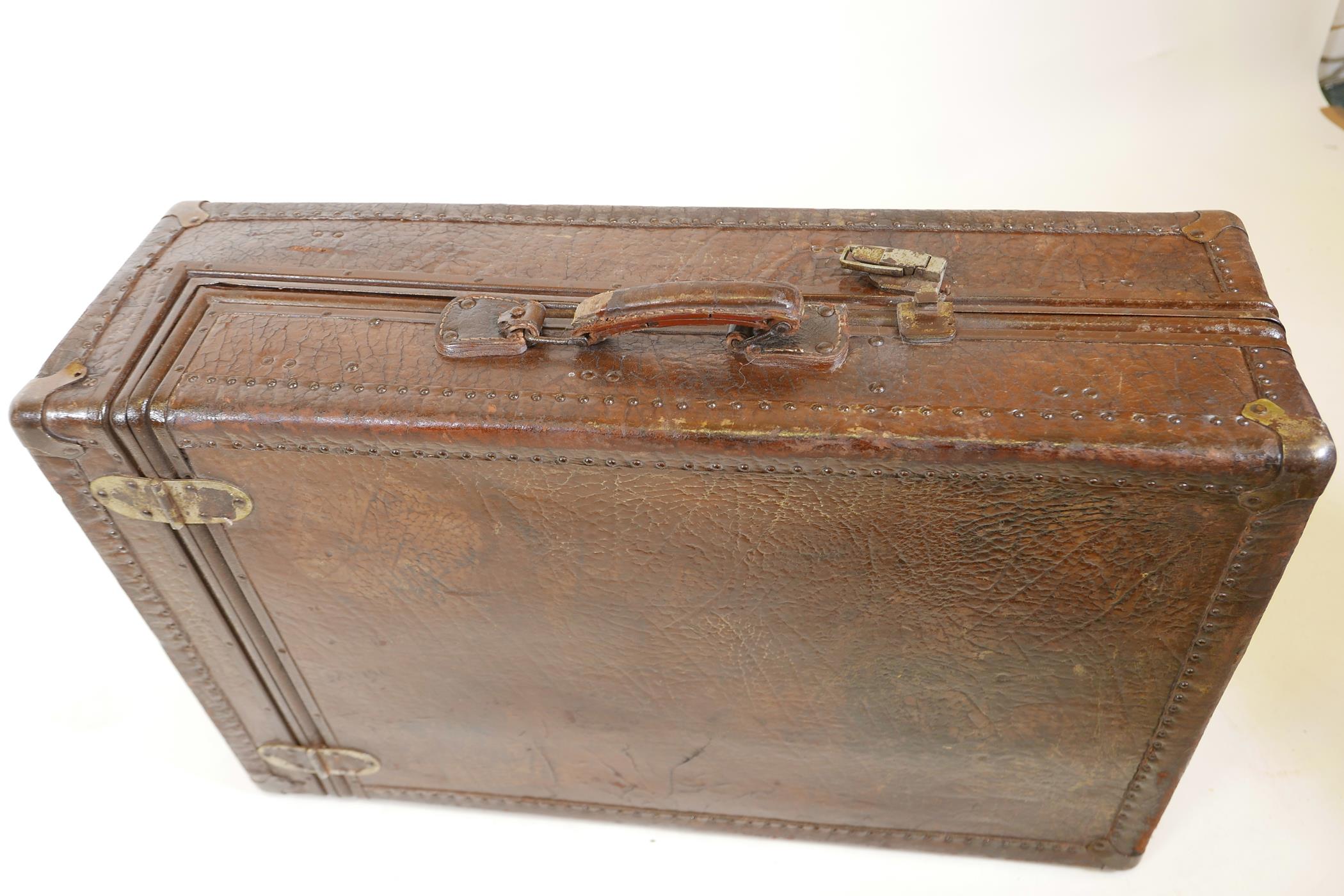 A vintage leather travel case with a fitted interior, and two other vintage cases, largest 30" x 19" - Image 8 of 8