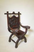 A Chinese throne chair, with carved back and dragon arms raised with on shaped front supports,