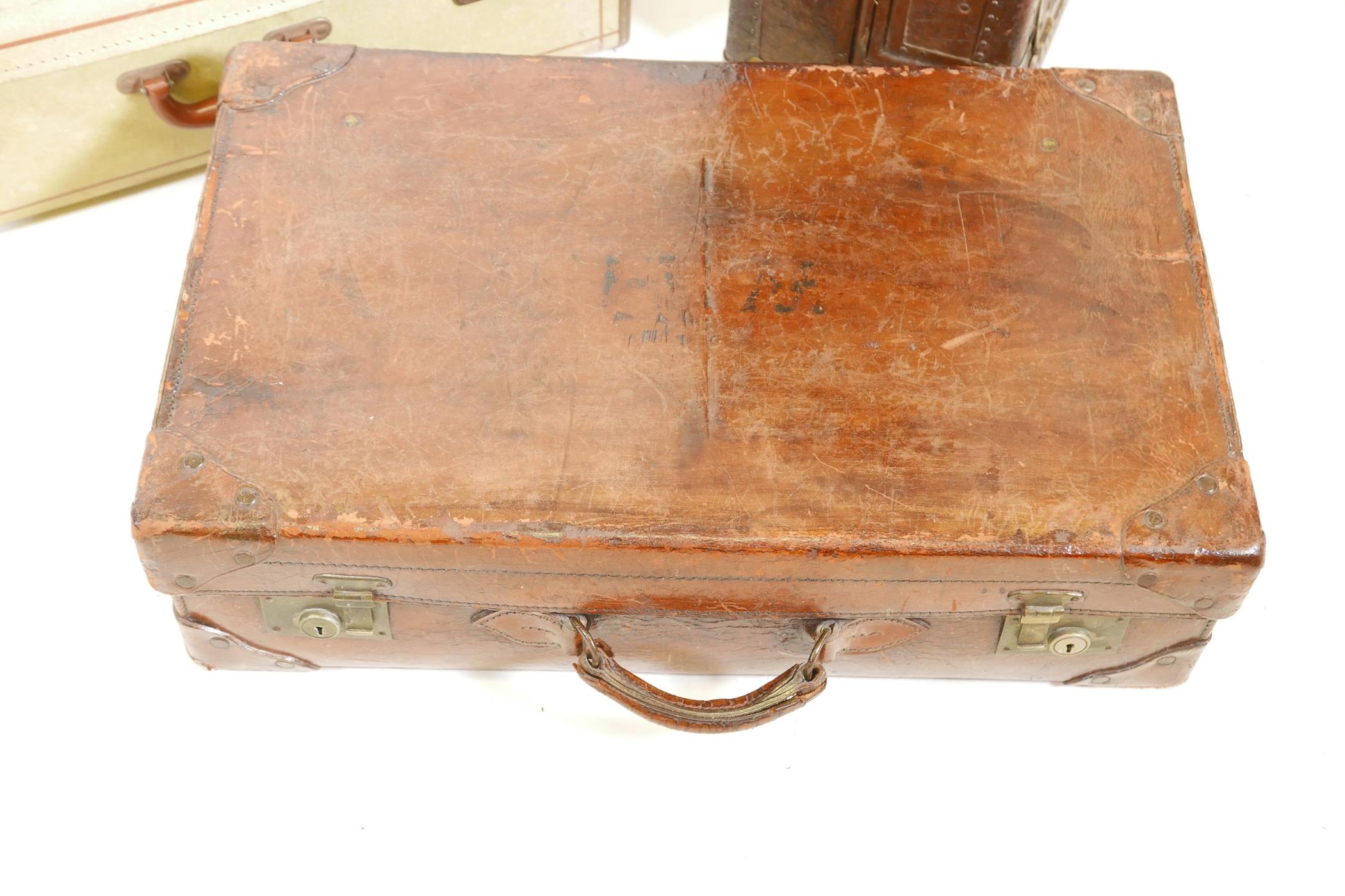 A vintage leather travel case with a fitted interior, and two other vintage cases, largest 30" x 19" - Image 2 of 8