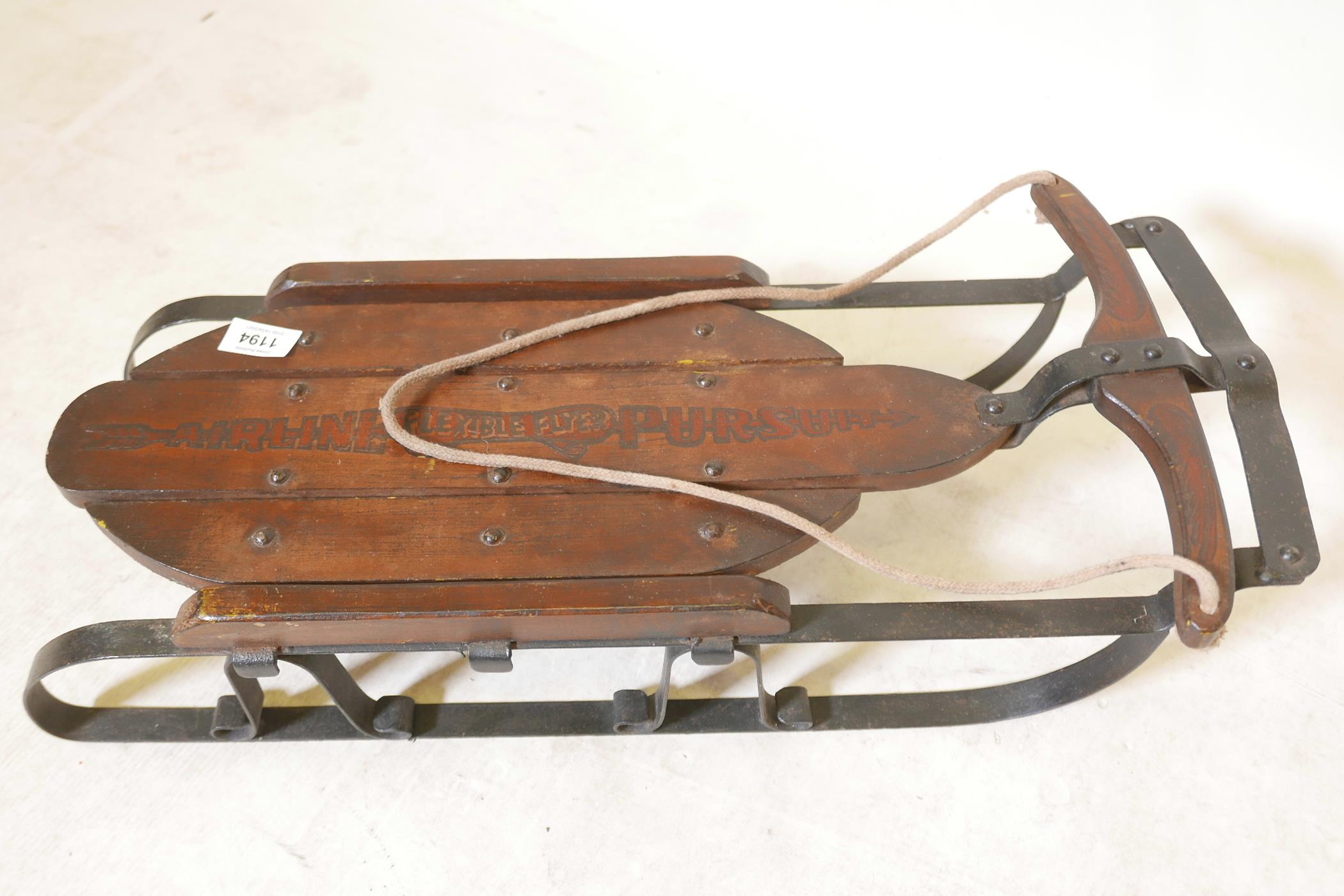 A wrought metal and wood 'Airline Pursuit' child's sled, 24" x 9" x 6" - Image 2 of 2