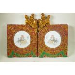 A pair of Chinese Republic polychrome porcelain panels depicting ear cleaning masters, mounted in