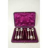 A set of six Atkin Bros sterling silver teaspoons and sugar tongs, hallmarked Sheffield 1884, in