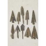 A collection of ten archaic style bronze arrowheads