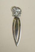 A sterling silver bookmark with a bulldog finial, 2" long