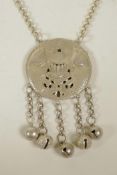 A Chinese white metal chatelaine style necklace with carp and lotus flower decoration