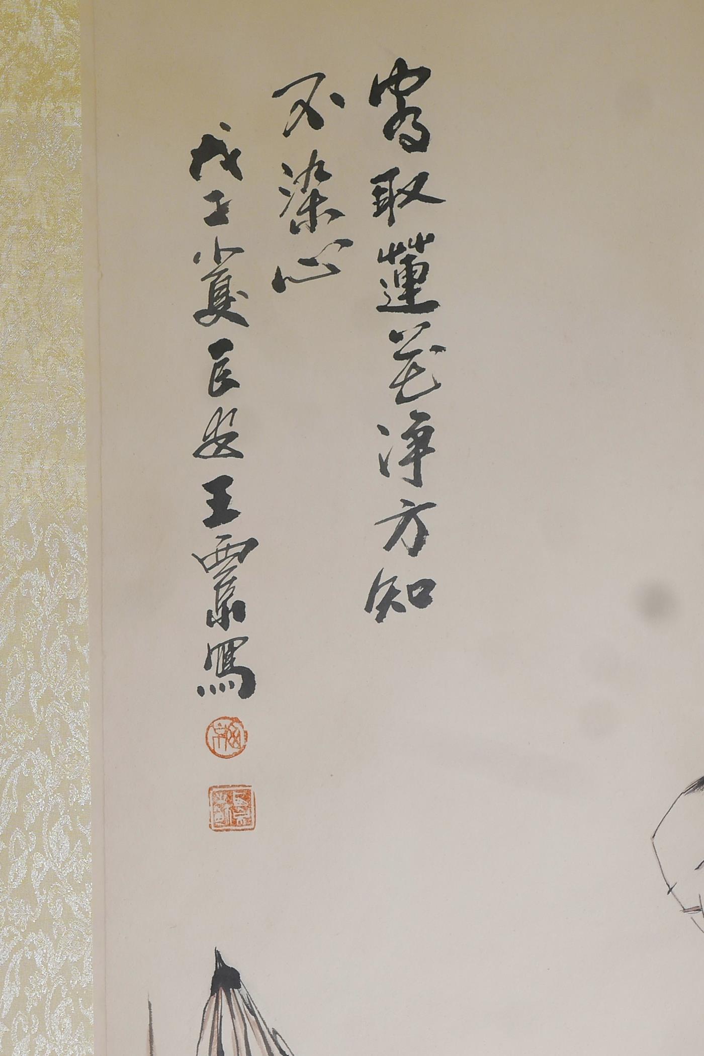 A Chinese watercolour scroll decorated with a stylised lady with flowers in her hair, 27" x 53" - Image 3 of 3