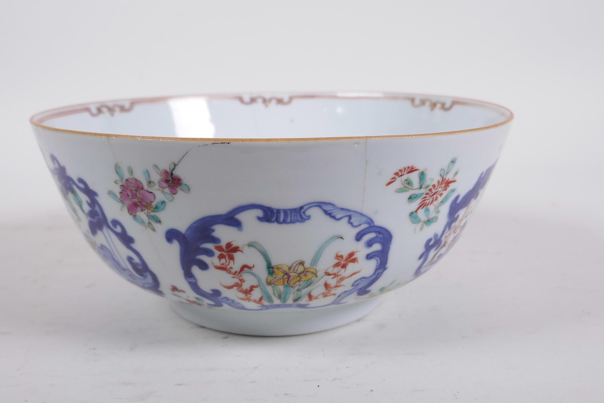 A C18th Chinese polychrome porcelain bowl decorated with figures in a landscape and flowers, 7½" - Image 4 of 8