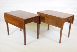 A pair of inlaid mahogany pembroke style side tables, with crossbanded tops and single end