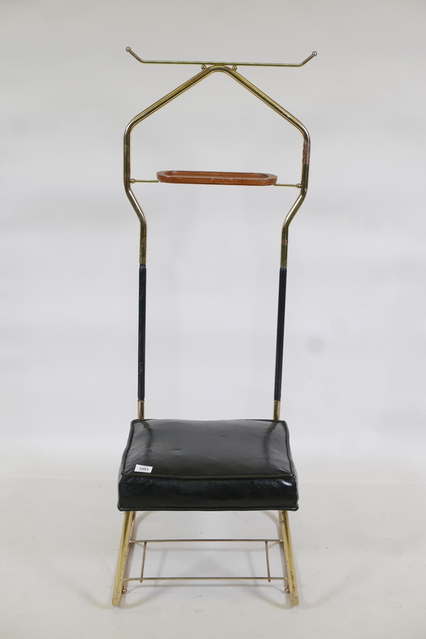 A mid century valet, with leather stool and brass hanging rack, 18" x 15" x 50" - Image 2 of 2