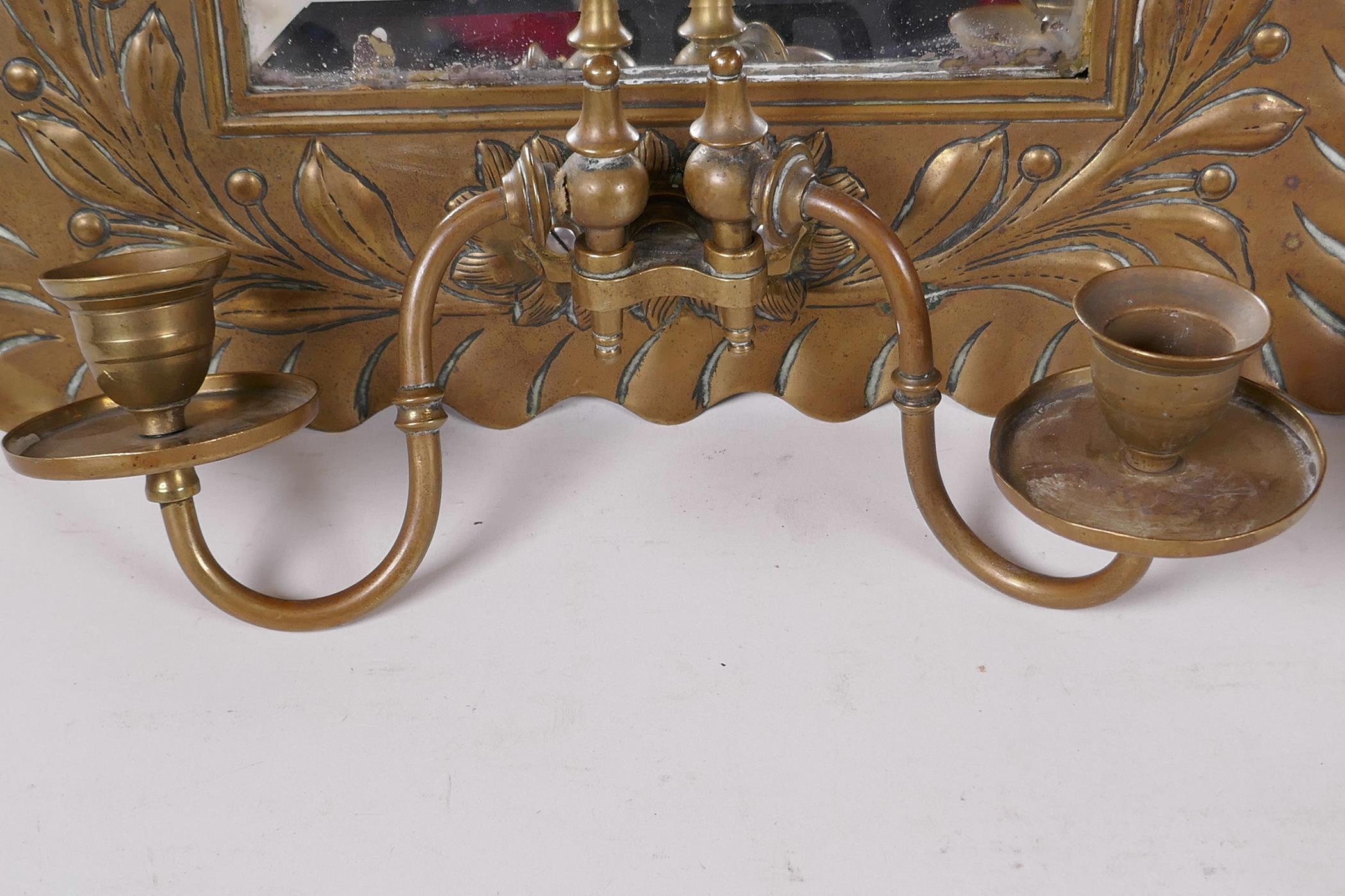 A pair of C19th pressed brass framed pier glass wall mirrors with twin candle sconces, the frames - Image 4 of 7