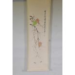 A Chinese watercolour scroll depicting crickets beneath autumnal leaves, 13½" x 54"