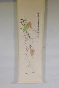 A Chinese watercolour scroll depicting crickets beneath autumnal leaves, 13½" x 54"