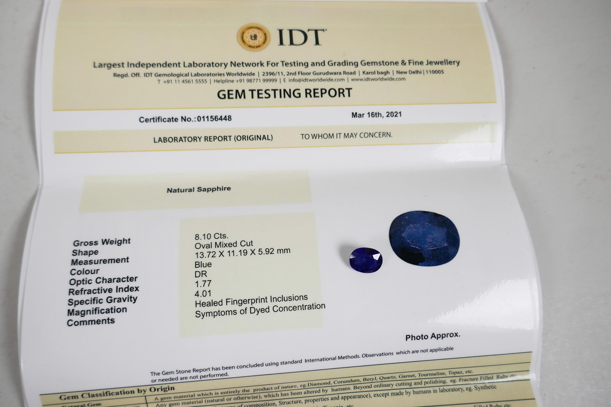 An 8.10ct blue sapphire, oval mixed cut, IDT certified, with ceritificate - Image 5 of 5