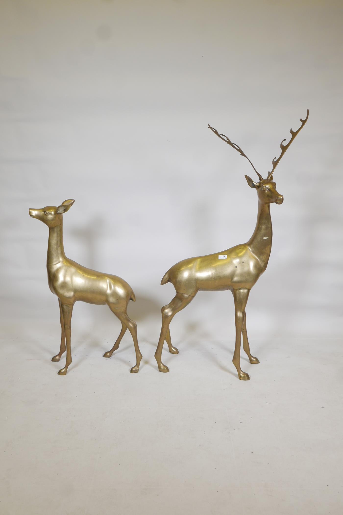A hollow brass cast model of a buck and roe deer - Image 2 of 5