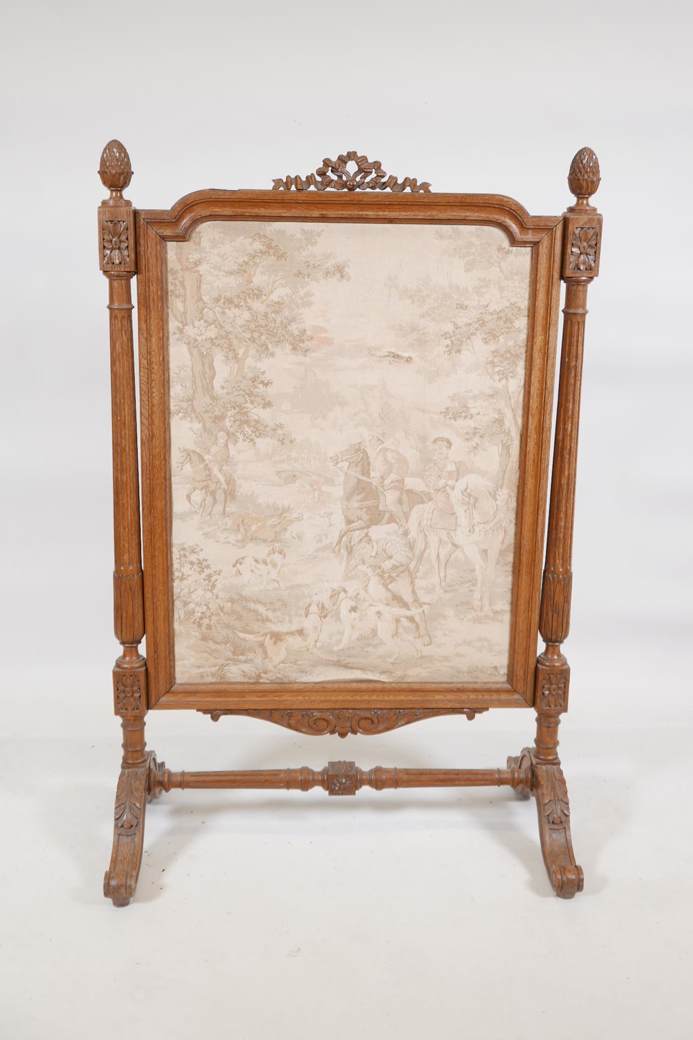 A C19th French carved oak fire screen, with pineapple and patarae decoration and fluted columns - Image 2 of 6