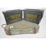 Two Nato metal ammunition boxes, 11" x 7" x 4", together with a painted wooden ammunition box