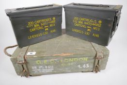 Two Nato metal ammunition boxes, 11" x 7" x 4", together with a painted wooden ammunition box