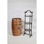 A coopered oak barrel/stick stand, 24" high, and a cake stand